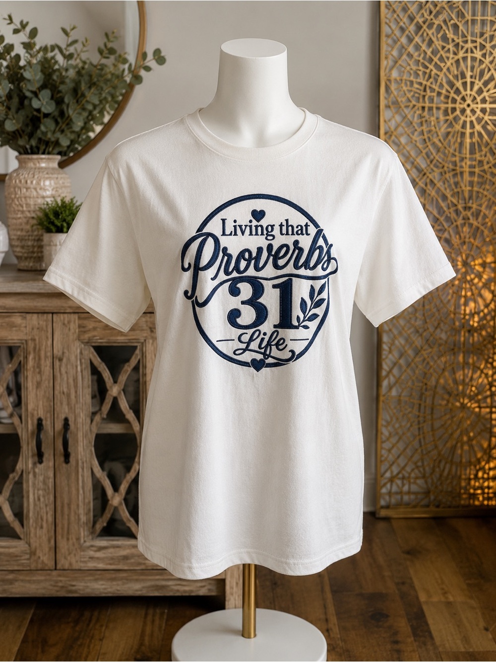 White Tee with Navy 'Living that Proverbs 31 Life"